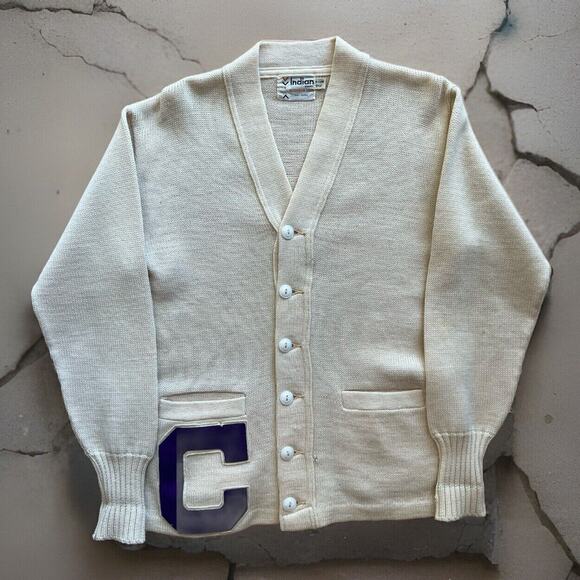 Vintage Letterman Cardigan Small Beige Wool Sweater 60s Indian Brand Made in USA - Picture 1 of 9